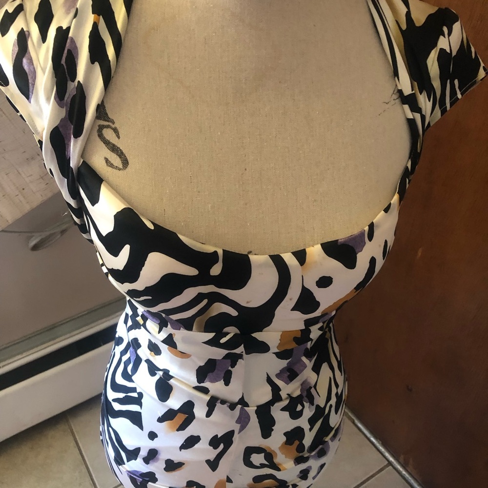 Cache Silk Animal Print MIDI DRESS CAP SLEEVES SLEEK BODYCON FIT PADDED BRA SZ 2 - Picture 8 of 16